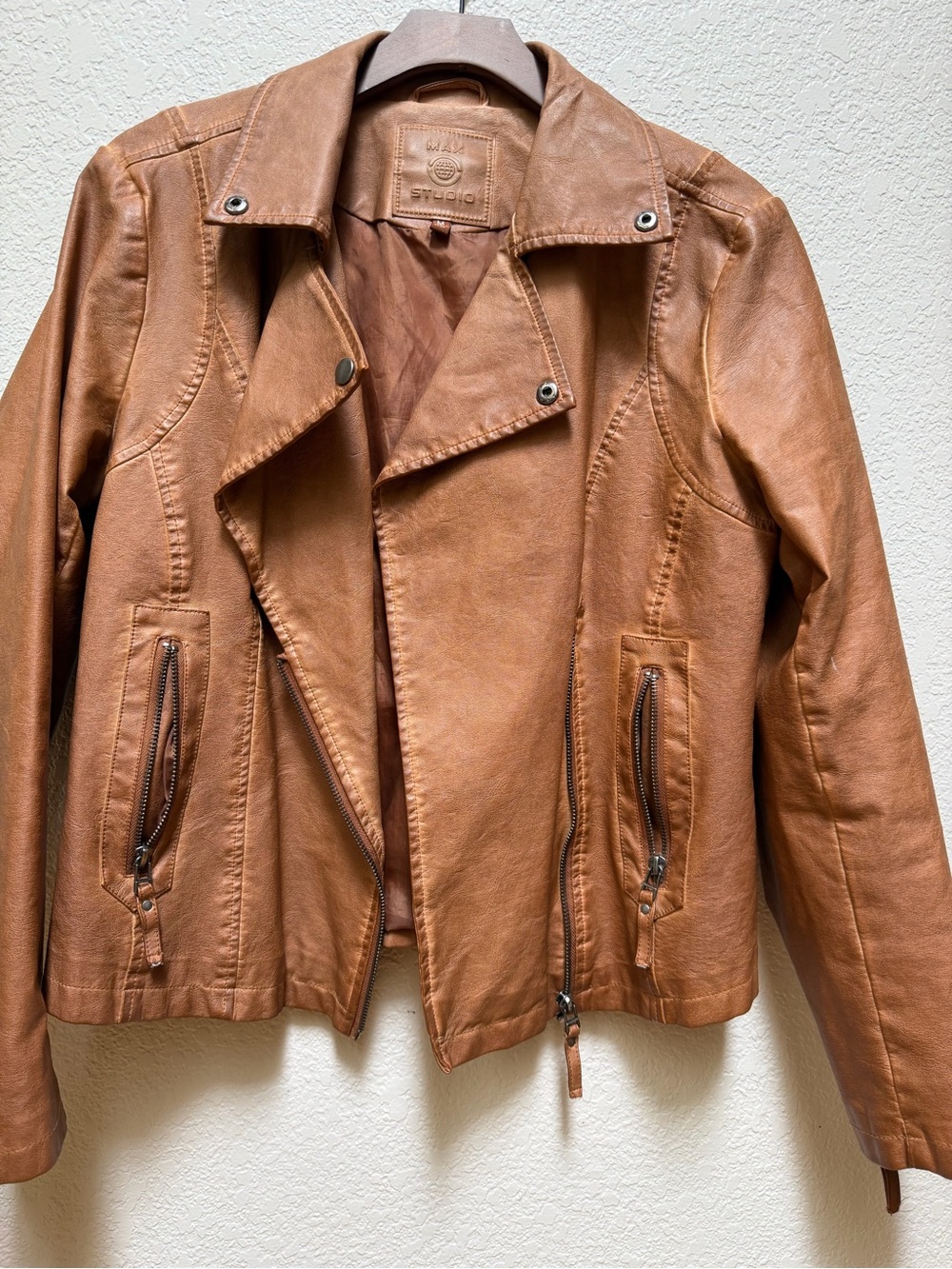 MAX Studio Cognac Faux Leather Moto Jacket Asymmetrical Zip Size M